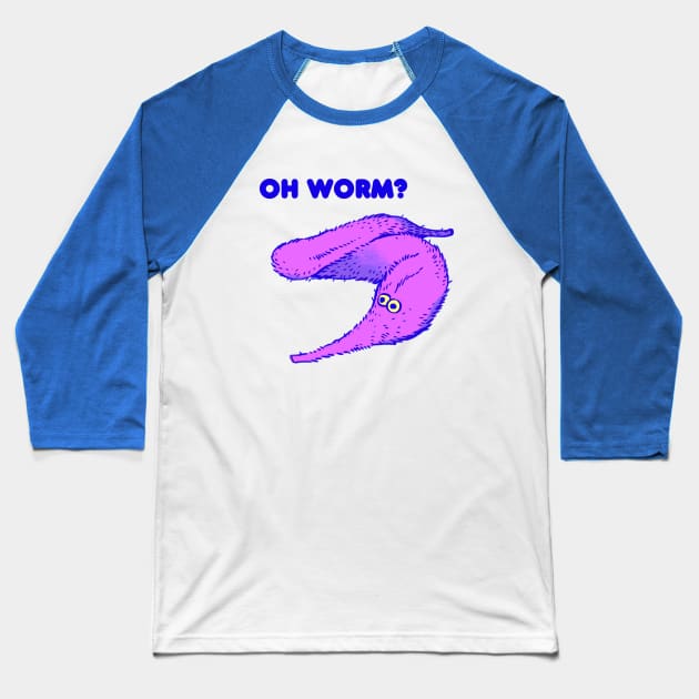 cute fuzzy purple worm on a string / oh worm meme text Baseball T-Shirt by mudwizard